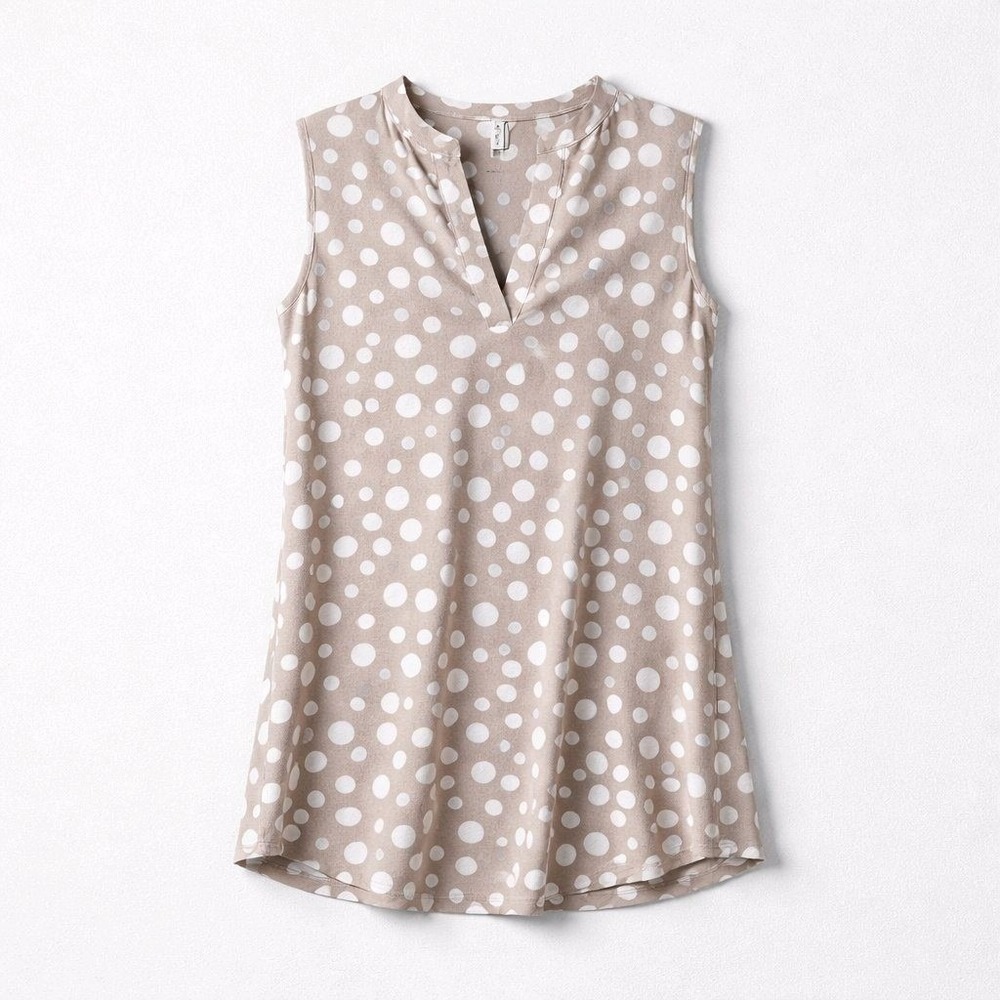 SJS Taupe White Polka Dot Sleeveless Blouse Tunic Tank Lightweight Casual Size M